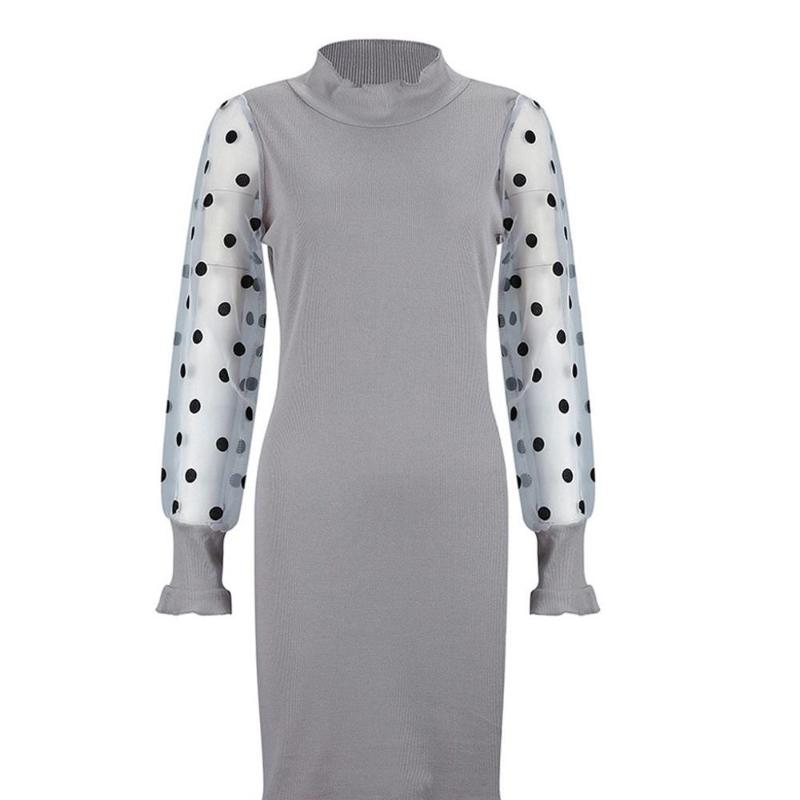 Sexy Puff Long Sleeve Mesh Knitted Dress Women Autumn O Neck Patchwork Lace Party Polka Dot Print Ladies Dresses Vestidos Casual