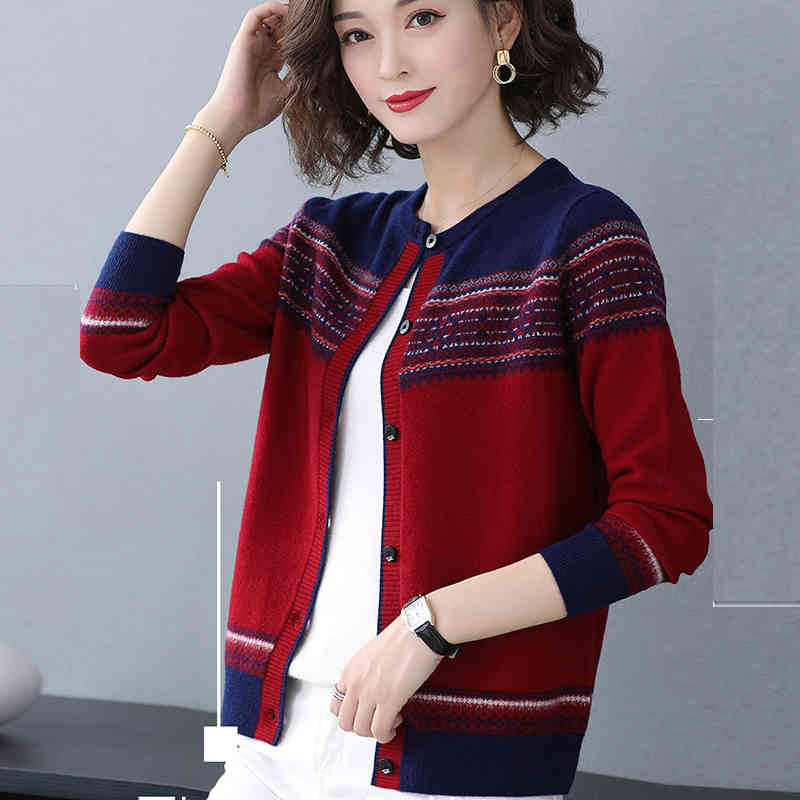 Print Patchwork O-Neck Slim Knitted Cardigans For Women Spring Single Breasted Korean Knitwear Tops Elegant Knit Coat Female 210522