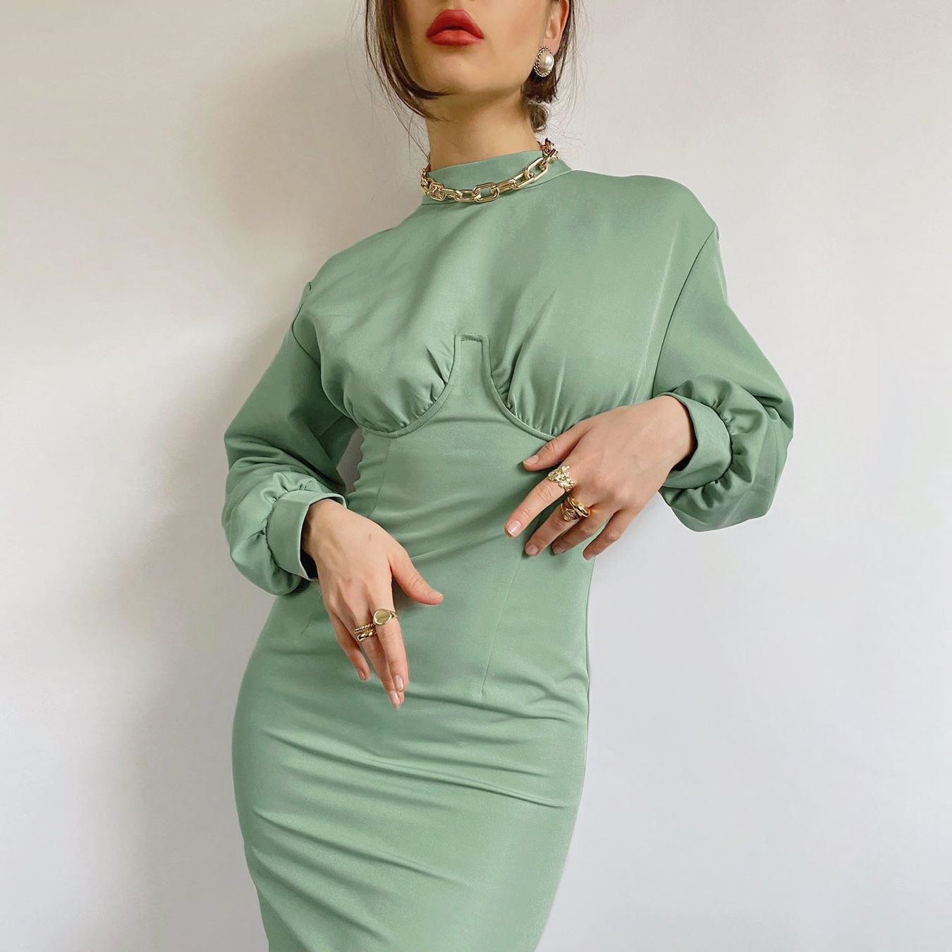 Foridol vintage knitted bodycon winter dress women elegant lantern sleeve long maxi autumn green dress party ladies dress 210415