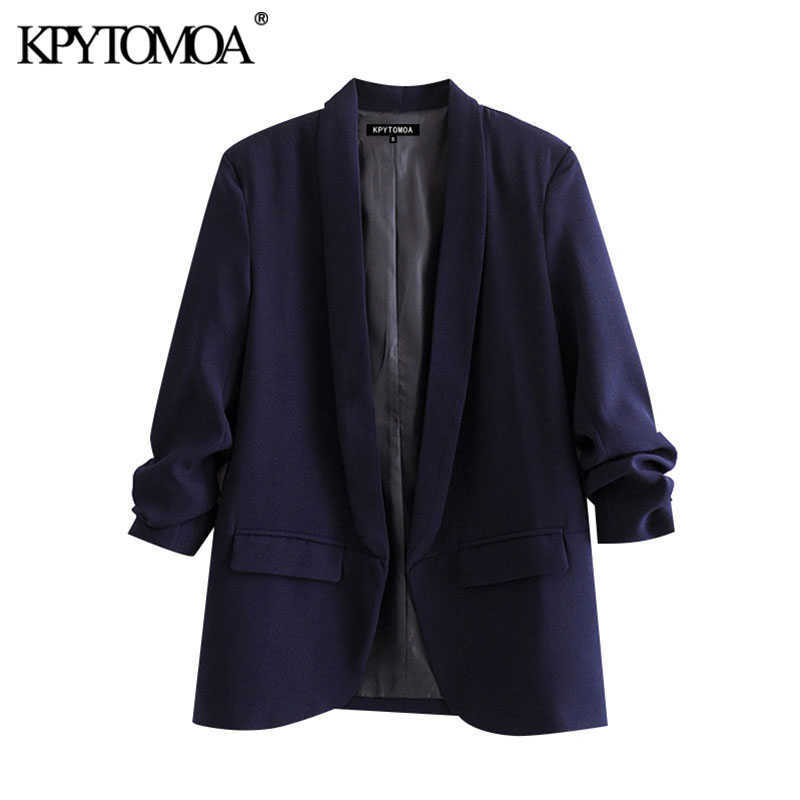 KPYTOMOA Women Fashion Office Wear Basic Blazers Coat Vintage Pleated Long Sleeve Pockets Female Outerwear Chic Tops 210930