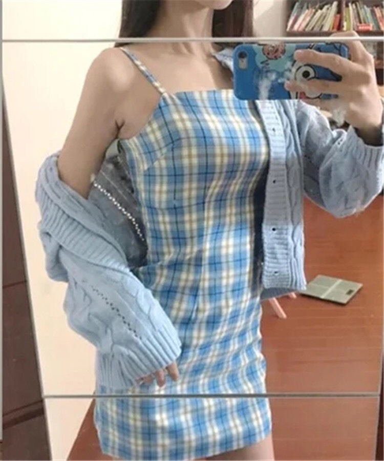 Women BLUE White Gingham Check Plaid Spaghetti Strap Mini Dress Girl's Slash Collar Slim Waist Sling Short Dresses Vintage 210429