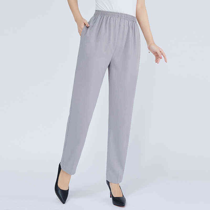 Summer Straight Pants Vintage Middle-aged Women Solid Color Thin Loose Ankle-Length Trousers Elastic Waist Casual White 211115