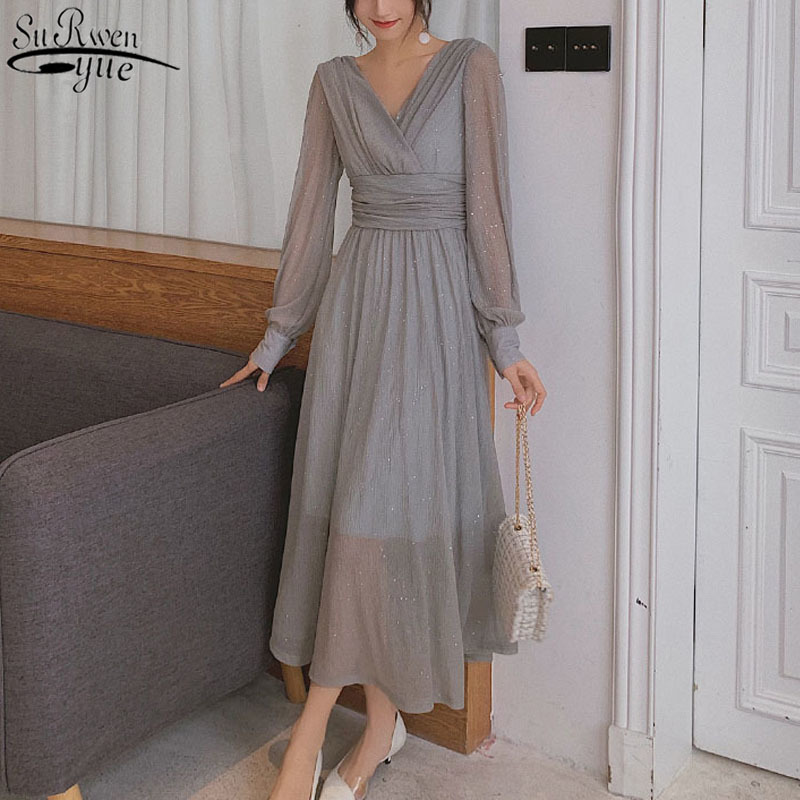 Solid High Waist Puff Sleeve Elegant Dress Vintage V Neck Long Maxi Women Sequin Party Sexy Robe Femme 13019 210427