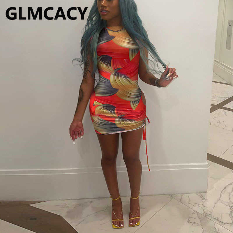 4 Colors Women Printed Sleeveless Bodycon Pleated Mini Dress 210702