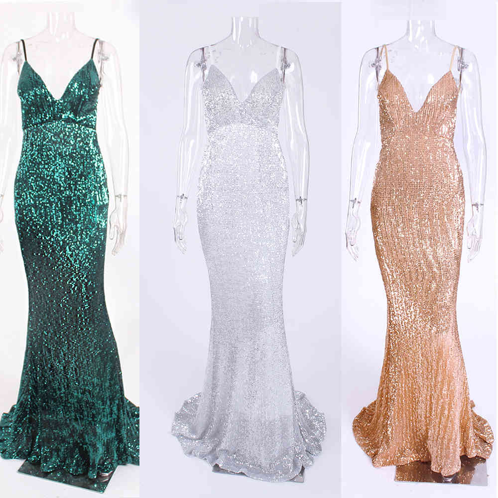 Sexy Silver Sequined Maxi Party Dress Stretch Floor Length Navy Sequins Backless Padded Bodycon V Neck Full Lining Black Dress 210409