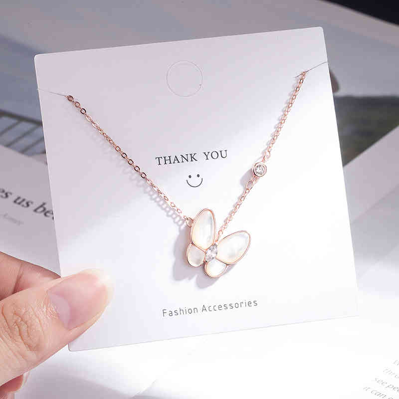 S925 Pure Silver Diamond White Shellfish Butterfly Necklace with Versatile Temperament