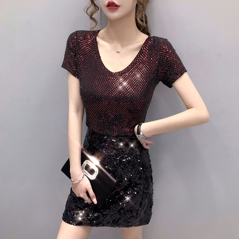 Fall Summer European Clothes T-Shirt Fashion Shiny Sequins Women Tops Short Sleeve Bottoming Shirt Girl Tees New T06405 210406