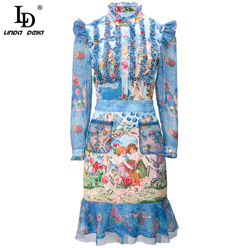 Autumn Fashion Runway Short Skirt Sets Women's Long sleeve Print Shirt and Slim Mermaid Skirts Two Piece Suit 210522