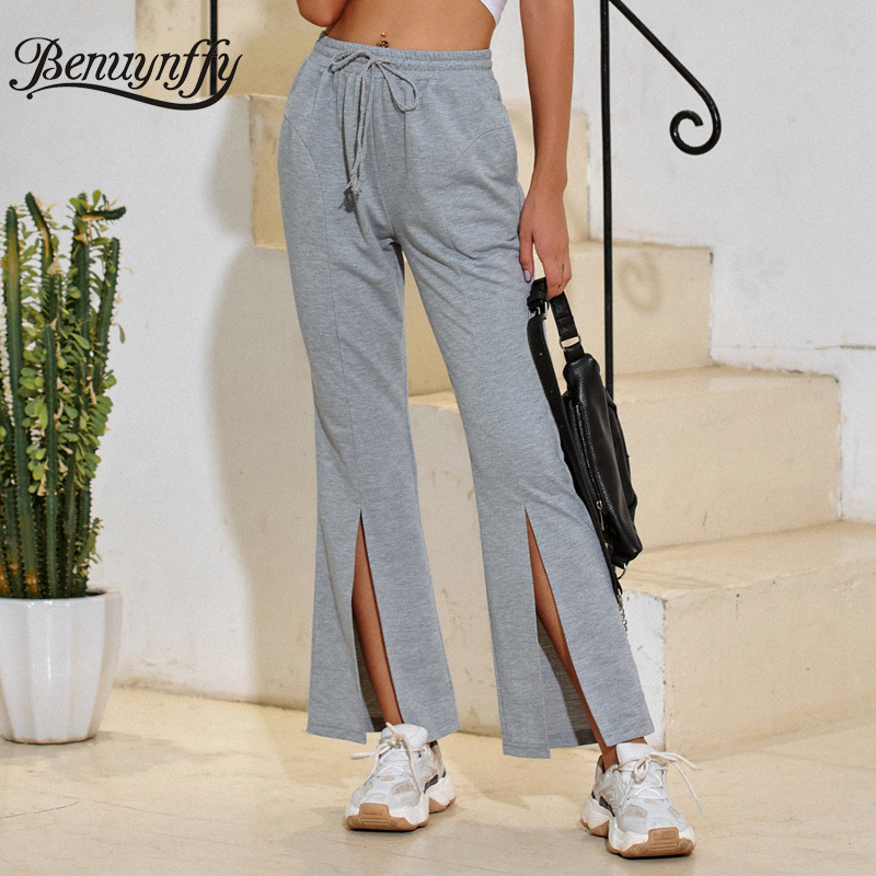 Solid High Waist Casual Slit Pants Women Summer Fashion Pocket Drawstring Sweatpants Sportwear 210510