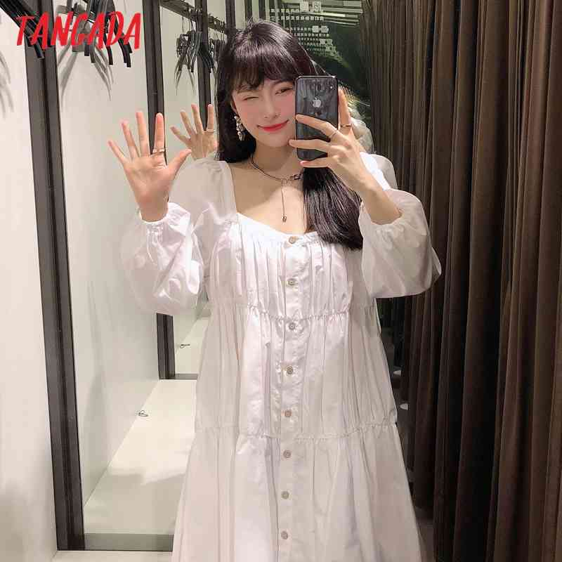 Women Fashion Square Collar White A-line Dress Vintage Long Sleeve Female Short Dresses Vestidos Mujer BE510 210416