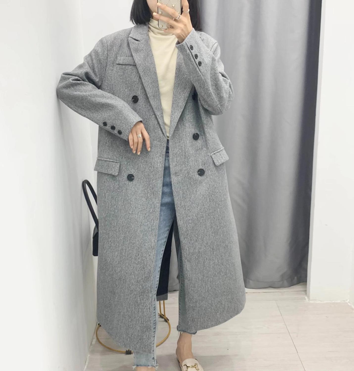 Winter Woolen Blends Long Coat Women Double-breasrted Sleeve Knee Length OL Trench Loose Outerwear 210429