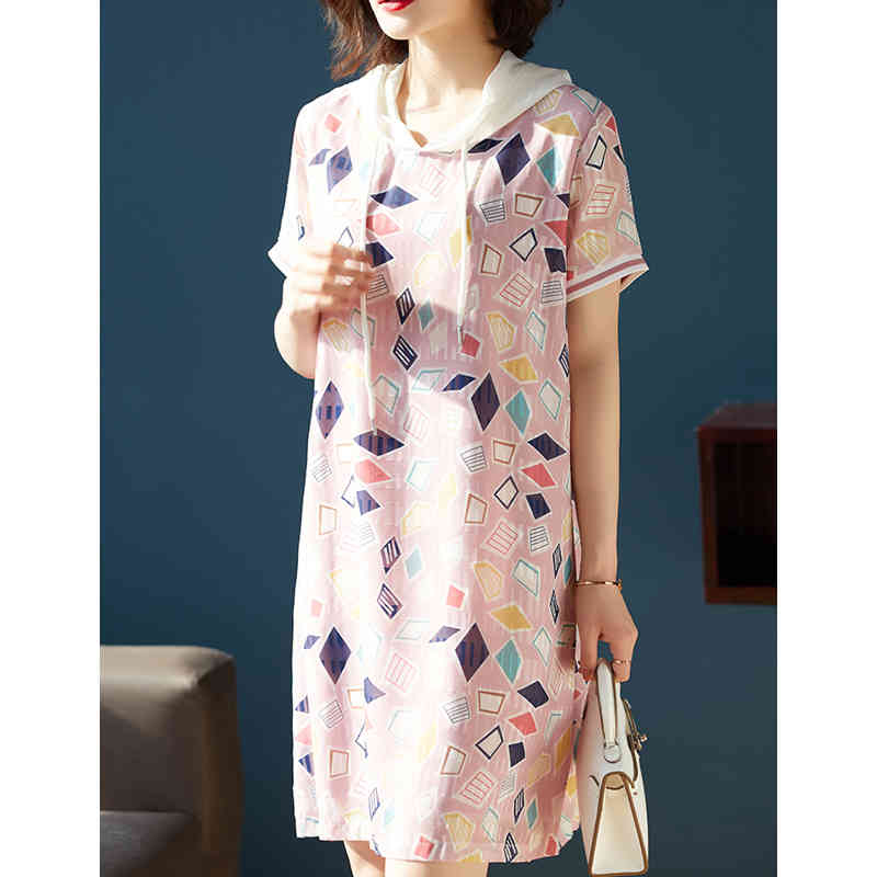 Plus Size Hooded Geometry Printing Women Chiffon Spring Summer Short Sleeve Ladies Loose Medium Long TShirt Dress D12801X 210416