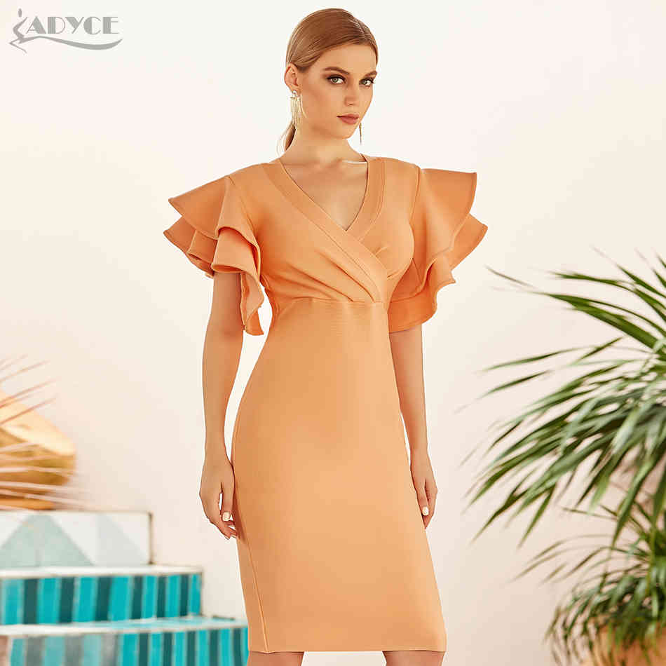 Summer Women Short Sleeve Bodycon Bandage Dress Sexy V Neck Ruffles Club Celebrity Evening Runway Party Dresses 210423