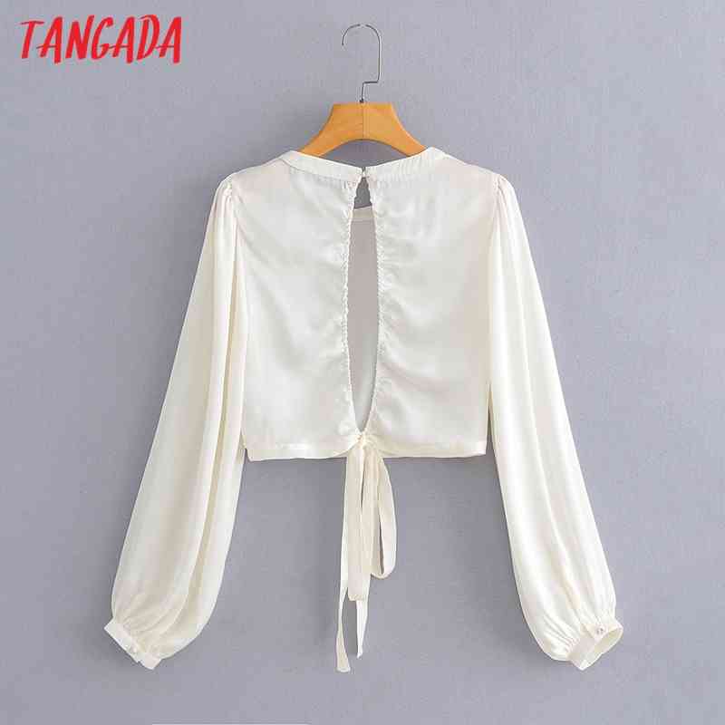 Women Retro Satin Crop Backless Long Sleeve Summer Chic Female Sexy Slim Shirt Tops YI11 210416