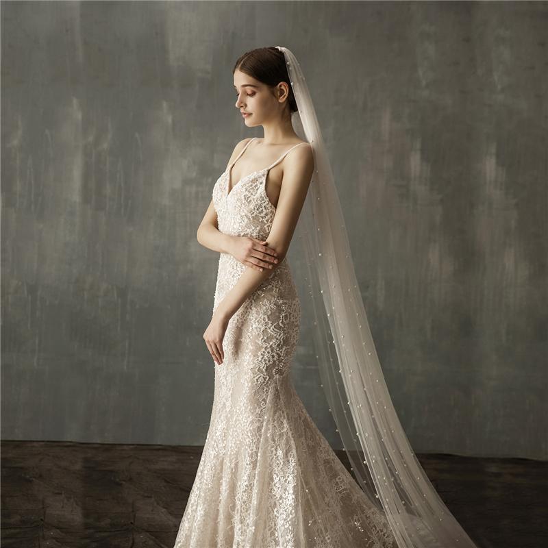 Bridal Veils Wedding Veil With Pearls One Layer Long Cathedral Bride Velos De Noiva Crystal Beaded For White Ivory Metal Comb