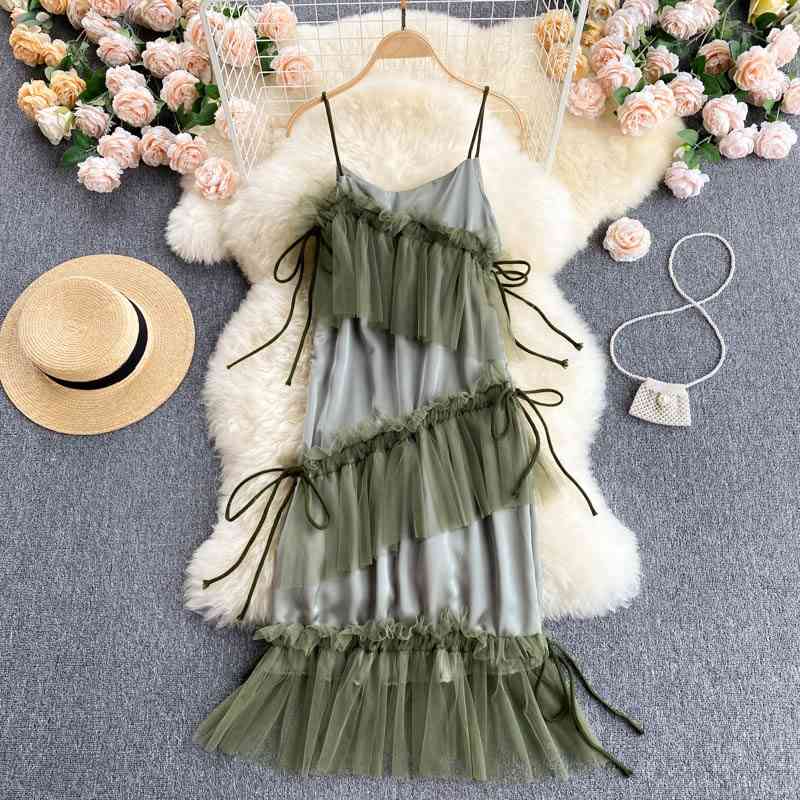 Fashion Women Seaside Holiday Sexy Women Dresses Summer Mesh Green Dress Irregular Ruffled Suspender Beach Dress Girl 210515