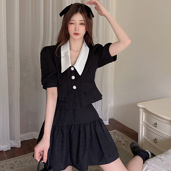 Summer Women Two Piece Set Casual Sweet Turn Down Collar Single Breasted Crop Tops + High Waist A-line Mini Skirt Outfits 210519