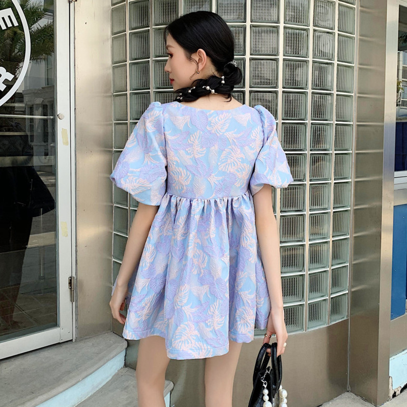 Women Dress Puff Sleeve Square Collar Printing A-line Sweet Female Termperament Fashion Summer 2H284 210526