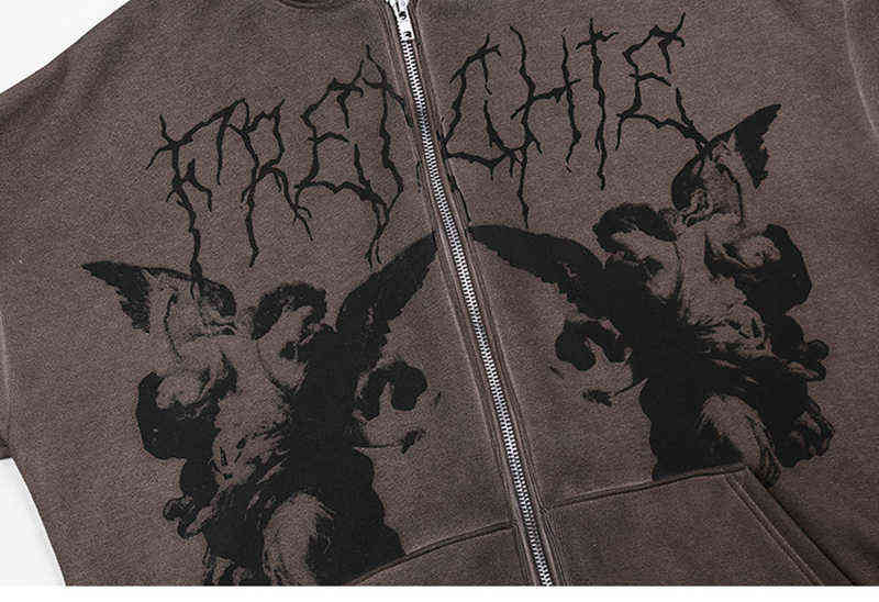 Hip Hop Streetwear Hoodie Angel Print Jacket Harajuku Cotton Fleece Jacket Hanban Jacket Oversized Zip Sweatshirt Y2K clothing 220110