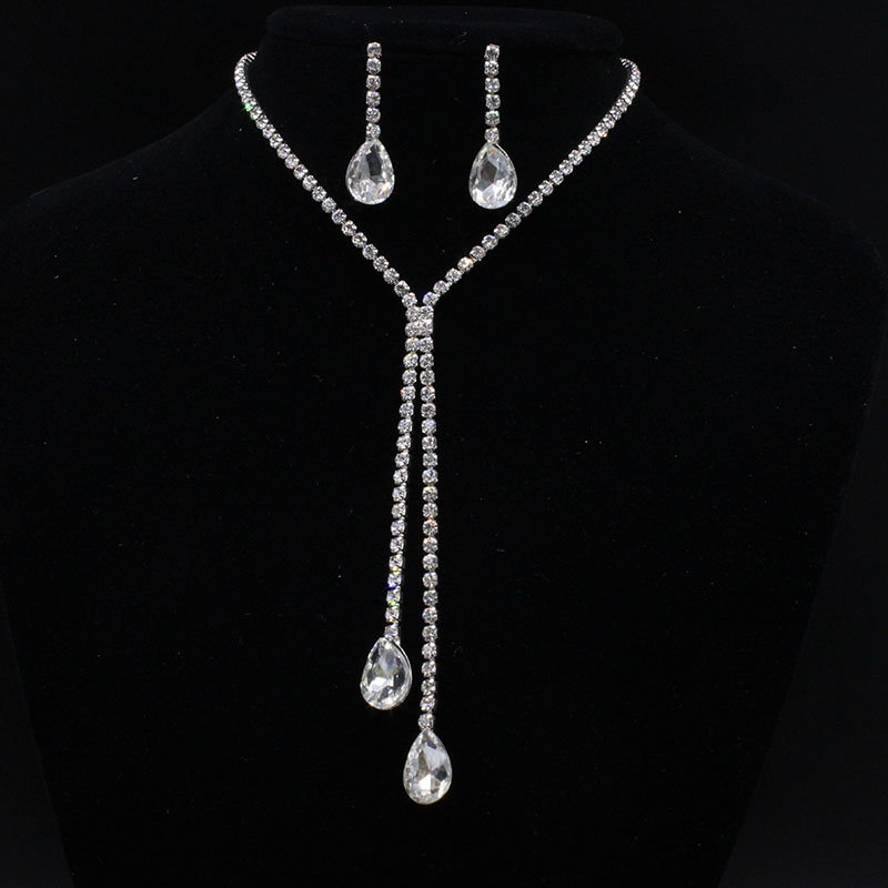 Shiny 925 Sterling Silver Plated Water Drop Necklace Earrings Jewelry Set Rhinestone CZ Crystal Jewellery Sets for Women Bridal Wedding Statement Jewe