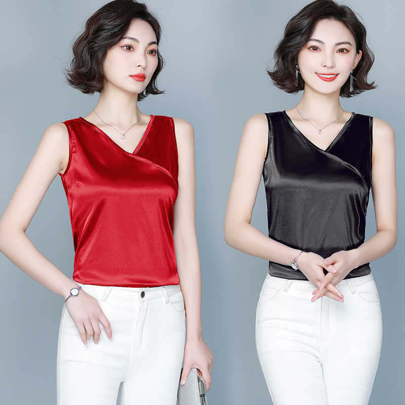 Korean Women Blouses Shirts for Woman Solid Satin V-Neck Chiffon Sleeveless s Tops 210604