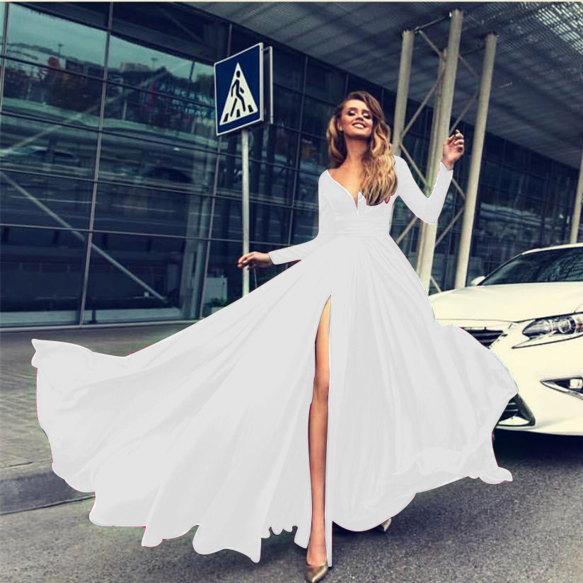 Women Dress Deep V Neck Split Maxi es Long Sleeve Large Hem Party es Temperament Sexy Summer 210513
