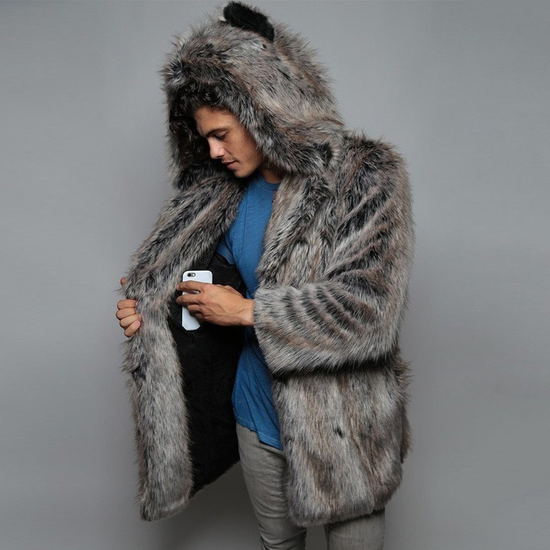 Men Loose Faux Fur Coat Men's Winter Casual Warm Overcoats Men's Long Type Coat Fur Full Sleeve Hooded Ear 220211