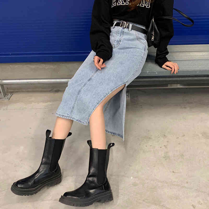 S-XL 2Color Long Denim Skirt korean style Side Split High Waist Midi Skirts Women split Jean Skirt Style Saia Jeans (72856 210423