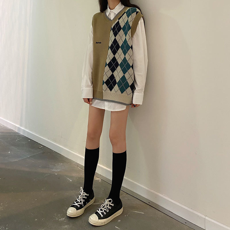 autumn and winter preppy color patchwork knitted v neck twist vest sweaters womens sweaters and pullovers womens (X1632) 210423