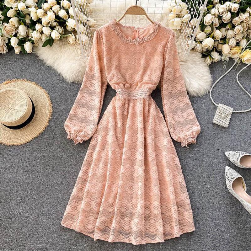 Elegant Party Dress Women Sweet Lotus leaf collar Slim Lace Dress Long Sleeve High Waist Ladies Midi Dress Vestidos 210521