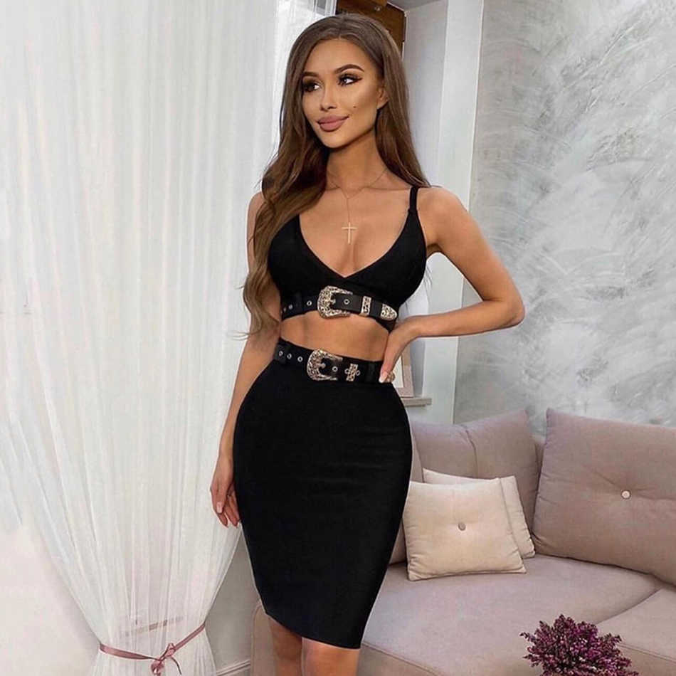 Summer Celebrity Black And White Belt Two-Piece Women'S Bodycon Rayon Bandage Elegant Club Party Sexy Suit Vestidos 210527