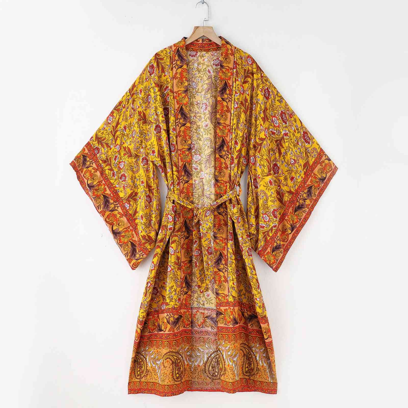 Autumn BOHO Location Floral Print Long Kimono Shirt Pink Hippie Women Tie Bow Sashes Cardigan Loose Blouse Tops Holiday 210429