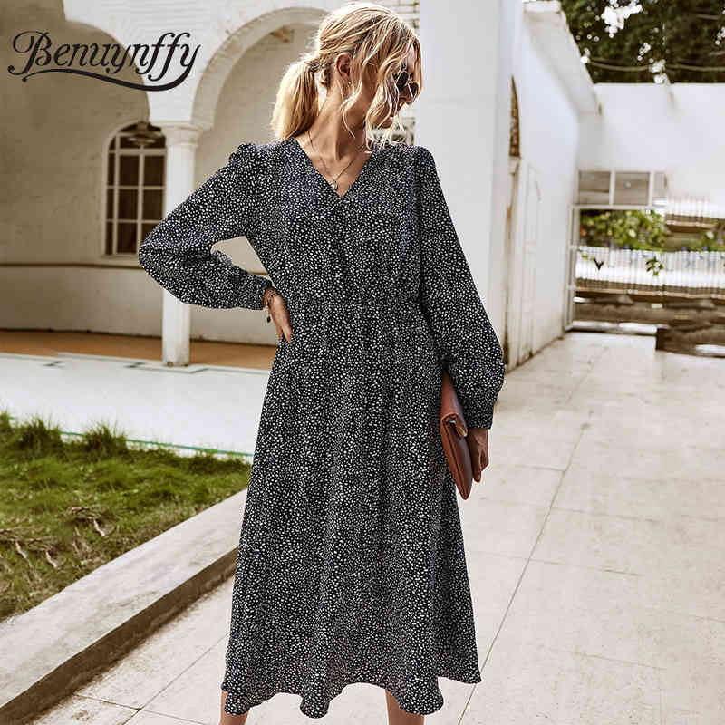 Casual High Elastic Waist Printed Women Dresses Autumn V-Neck Long Sleeve Woman Elegant OL A-Line Dress 210510