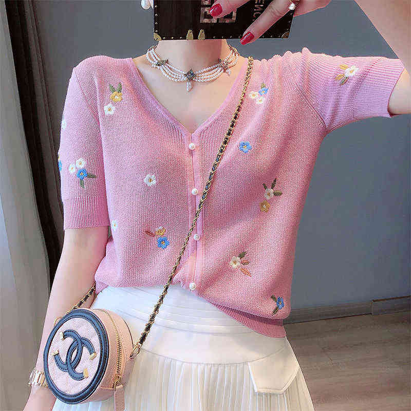 Floral Embroidery Thin Knitted Cardigans Sweaters Summer Women Korean Fashion V-neck Short Sleeve Single-breasted Ice Silk Tops 211117
