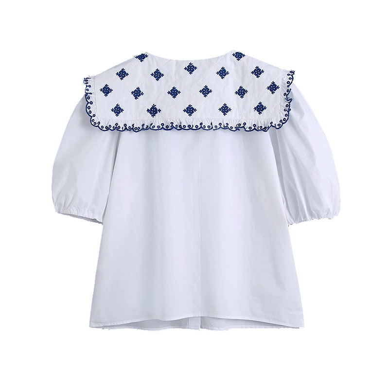 Women Embroidery Shirt Buttoned Short Sleeve Chic Lady Fashion Casual Clothes 210517