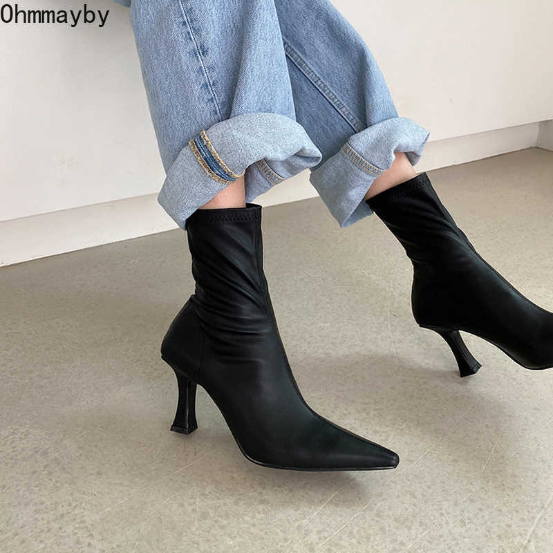 Black Women Ankle Boots Woman Thin High Heel Fashion Pointed Toe Zipper Winter Women's Shoes 2021 Leather White Short Booties Y0914