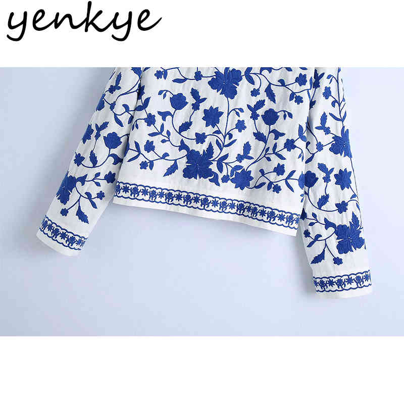 Spring Women Blue Floral Embroidery Jacket Female Long Sleeve V Neck Casual Outerwear Plus Size chaquetas Tops 210430