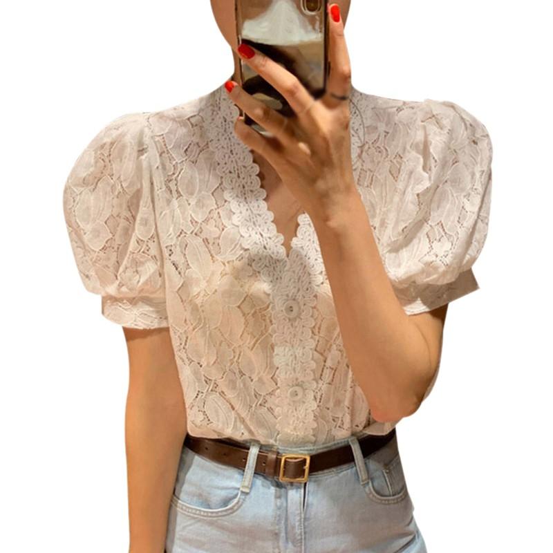 Spring Summer Women Chiffon Blouses Fashion Sweet Lace Puff Sleeve Top V-neck Short Shirt White Female
Spring Summer Women Chiffon Blouses Fashion Sweet Lace Puff Sleeve Top V-neck Short Shirt White Female