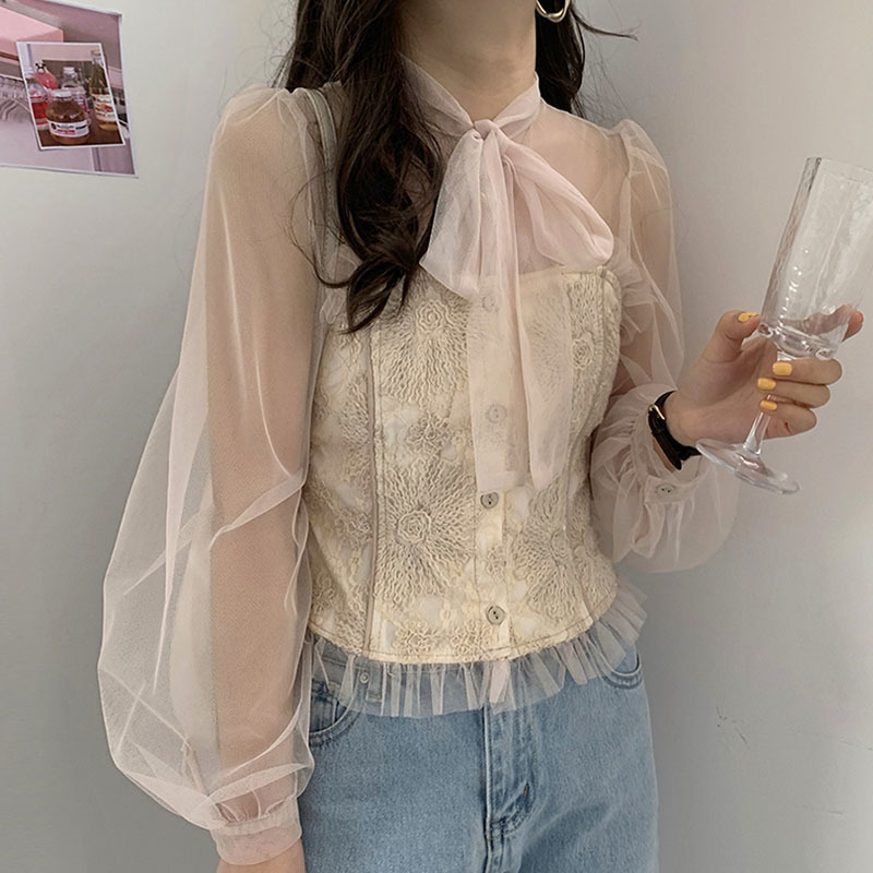 Nomikuma Perspective Mesh Lace Patchwork Women Blouse Long Sleeve Bow Tie Collar Slim Elegant Blusas Femme Korean Shirt 6E091 210427