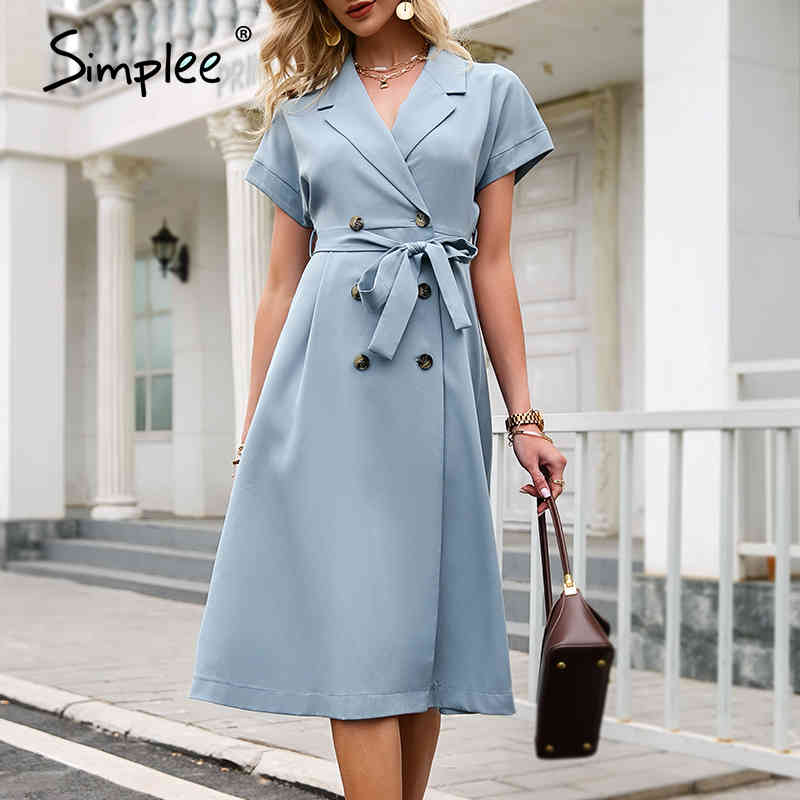 Simplee Summer blue office high waist belt ladies dress Chic elegant aline women dress Bat short sleeve Casual female dress 210409