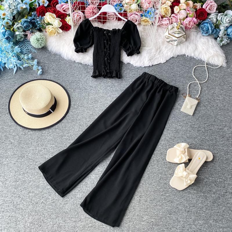 Sexy Short Sleeve Slim Bandage Tops And Wide Leg Pants Women Fashion Suit Set 2021 Summer Female Solid Casual Two Piece Dress