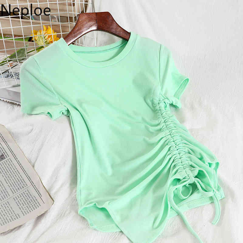 Neploe Solid Thin T Shirt Women Summer Fashion Korean Female Tees O Neck Sweet Irregular Short Sleeve Drawstring Tops 4h877 210422