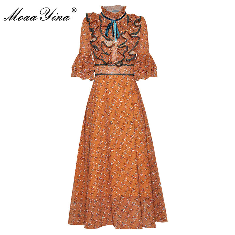 Fashion Runway Female dress Spring Summer Women's Dress Stand collar Ruffles Floral-Print Vacation Dresses 210524