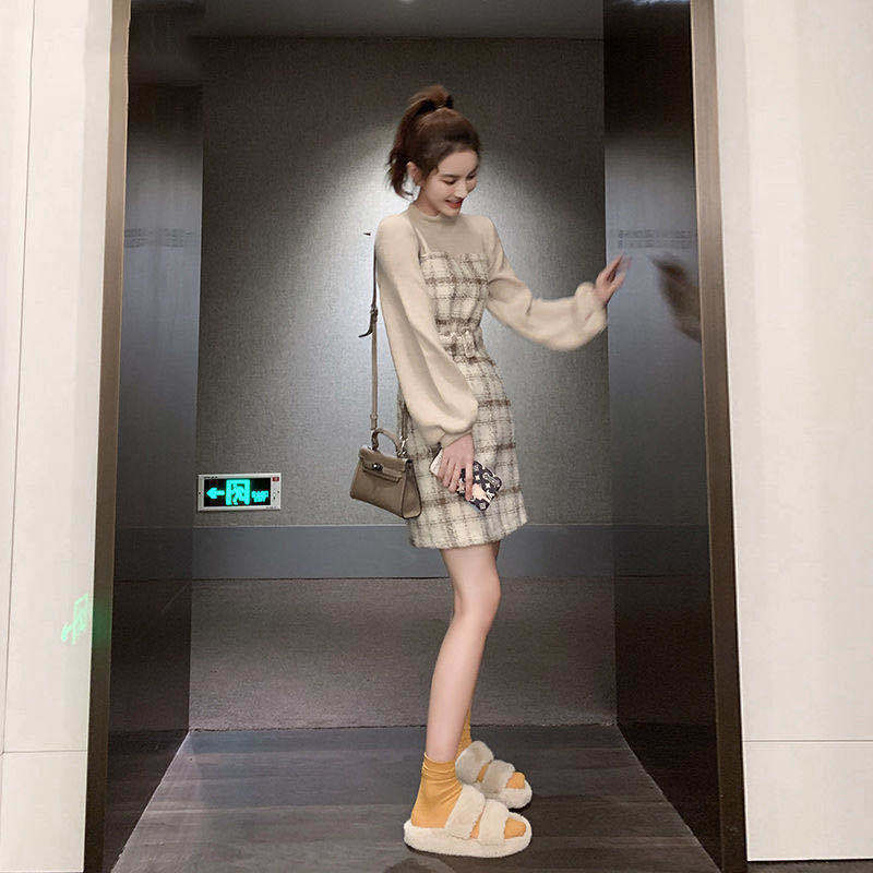 QWEEK Korean One-piece Dress Plaid Fashion Women Spring Autumn Korean Fashion Elegant Dresses for Women Long Sleeve Dress 210409