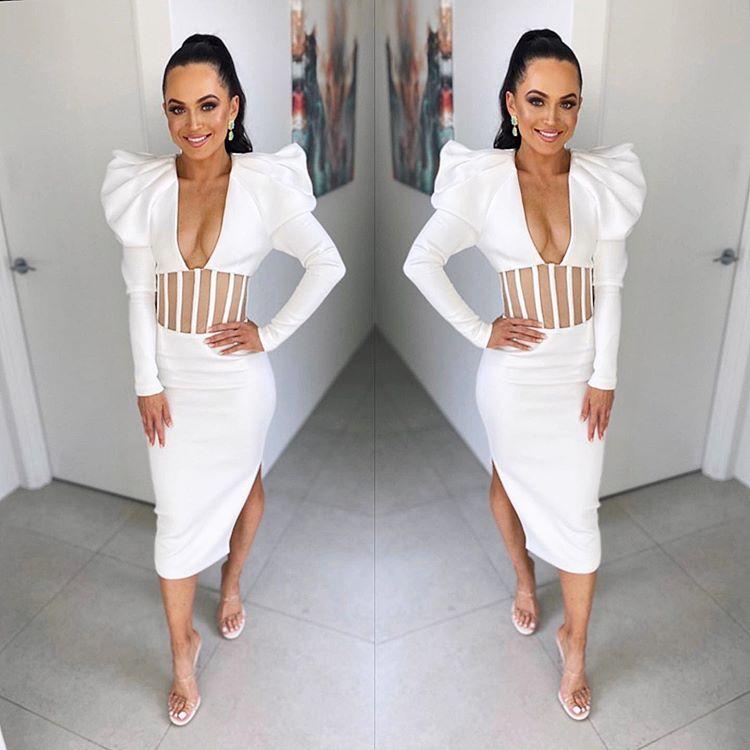 Arrival Women White V Neck Long Sleeve Bodycon Celebrity Evening Party Bandage Dress Wholesale Casual Dresses