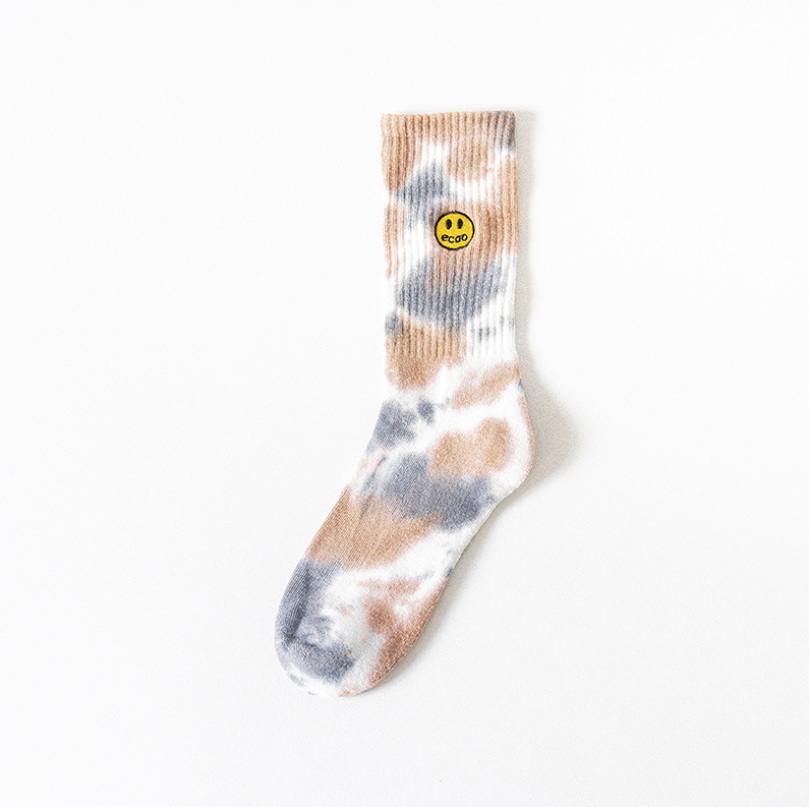 Socks Streetwear Embroidery Smile Face Tie Dye Hip Hop Men Women Harajuku Fashion Casual Casual Cotton Sock