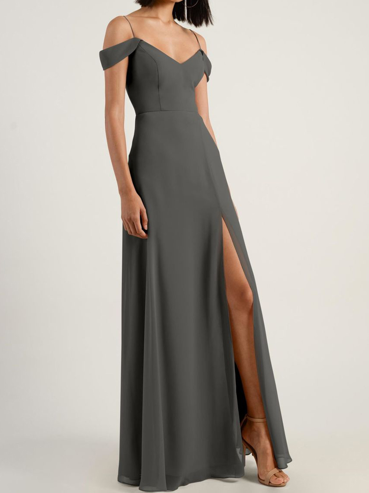Chiffon Bridesmaid Dress Side Split Wedding Party Gowns Speghetti Zipper Back Burgundy,Black,Champagne,Grape,Sage