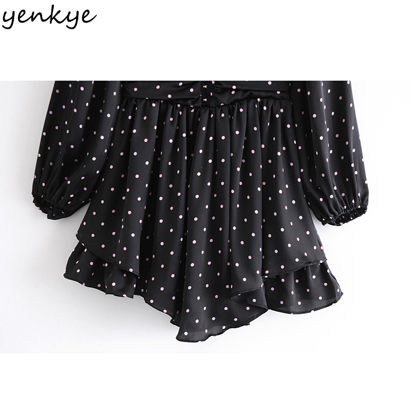 YENKYE Spring Women Vintage Polka Dot Mini Dress Fashion Lady Sexy V Neck Lantern Sleeve A-line Hem Ruffle Dress 210515