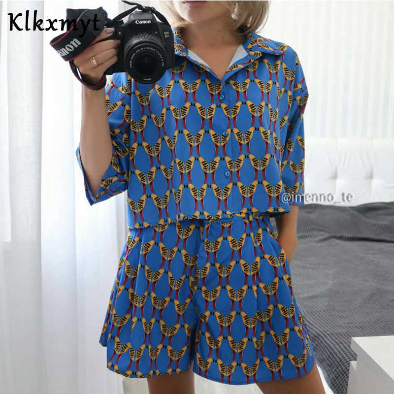Klkxmyt Two Piece Set Women Summer Loose Fashion Print Batwing Short Sleeve Beach Cropped Blouse+Elastic Waist Casual Shorts 210527