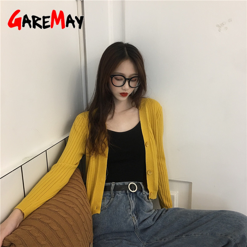Autumn Cropped Cardigans Women Long Sleeve Casual Short Knitted Sweaters Buttons V Neck Female Cardigan Outwear 210428